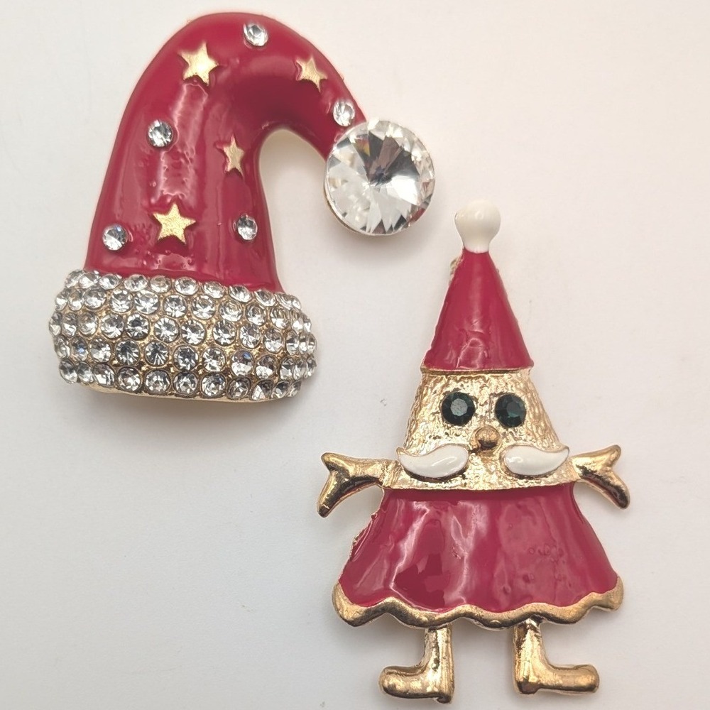 Merry Christmas Santa Brooches Set of 2 Red Enamel Rhinestone Gold Tone Pins